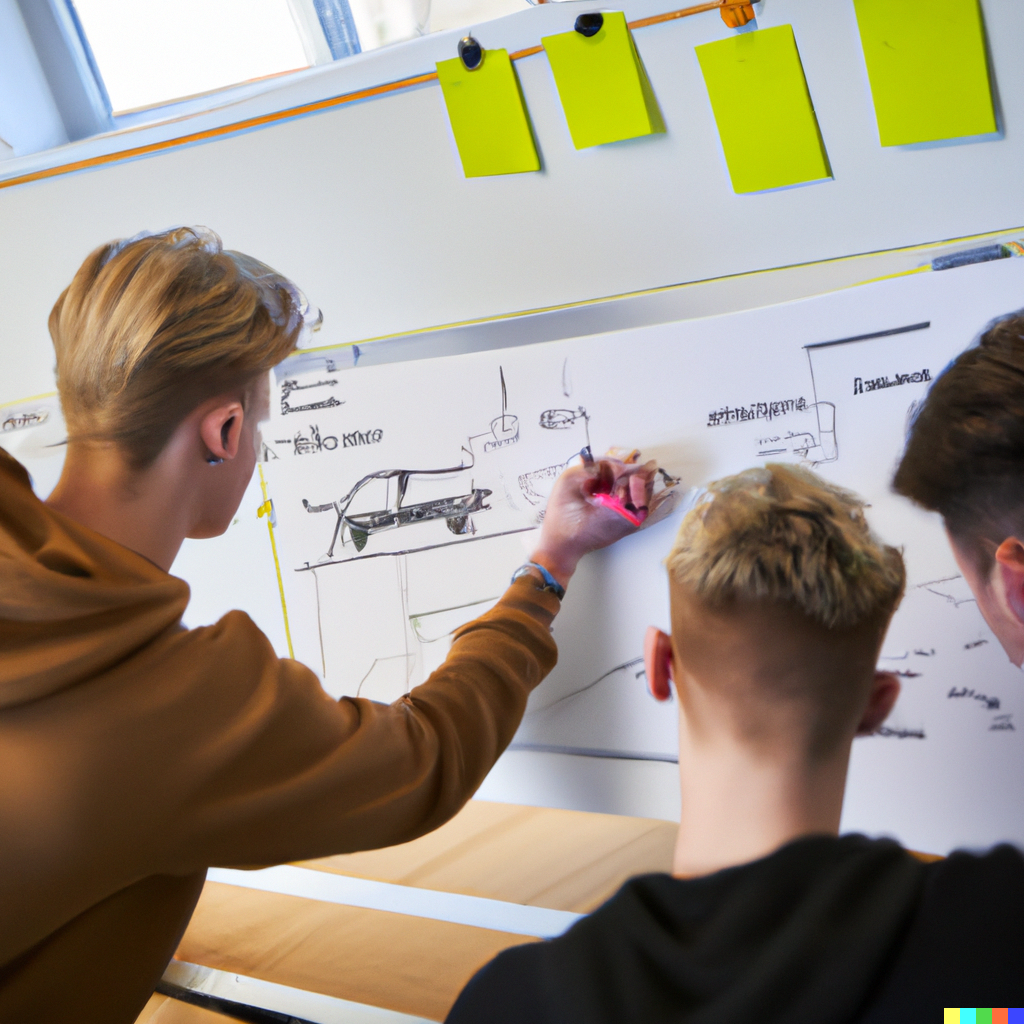 Foto lavet med kunstig intelligens i Dall-E ud fra sætningen: ’Danish students drawing storyboard for game’